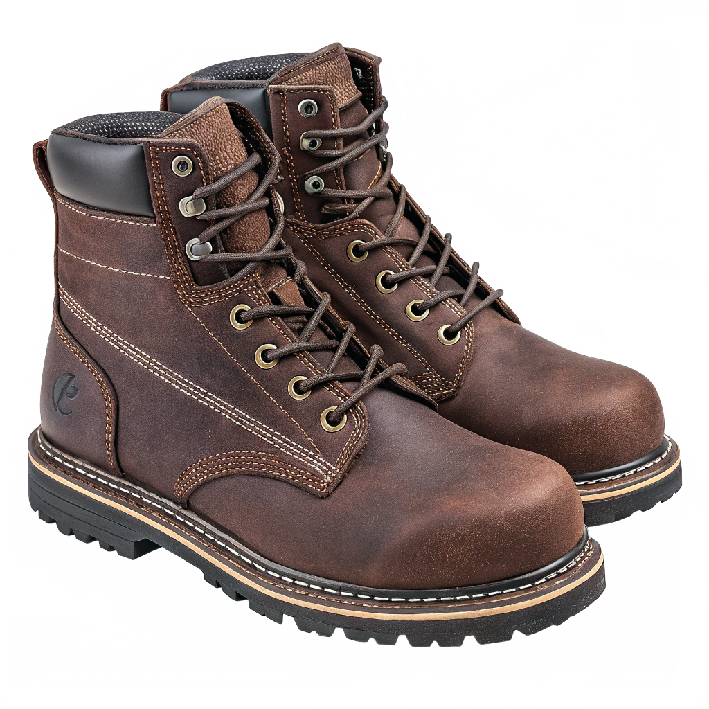 A pair of sturdy brown leather work boots with contrast stitching, metal eyelets, black padded collars, and thick lugged rubber soles, displayed on a white background.